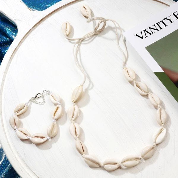 

earrings & necklace white rope chain puka shell bracelet set boho seashell cowrie hawaii summer collar choker woman beach jewelry girl gift, Silver