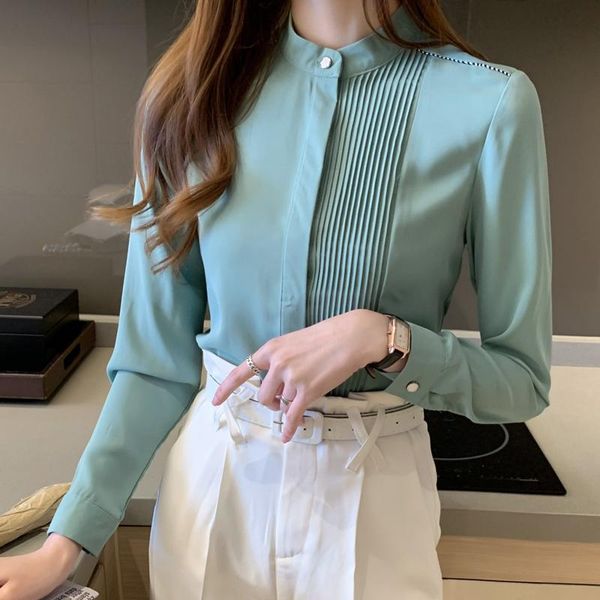 

women's blouses & shirts 2021 spring stand collar white shirt female office lacy chiffon blusas long-sleeved women 806b