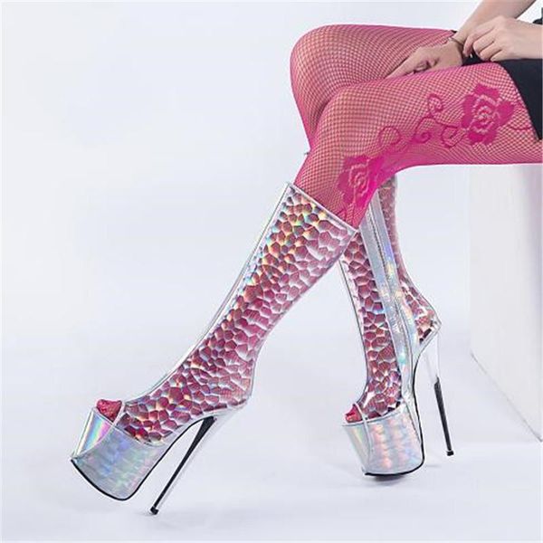 

boots crossdresser knee high summer cool motorcycle stilettos 20cm thin heels embroidery shoes woman transparent pumps botas, Black