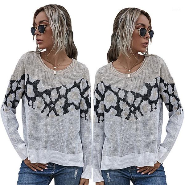 

women's sweaters women long sleeve o-neck sweater leopard print patchwork loose pullover side split high low hem knitwear jumper top, White;black