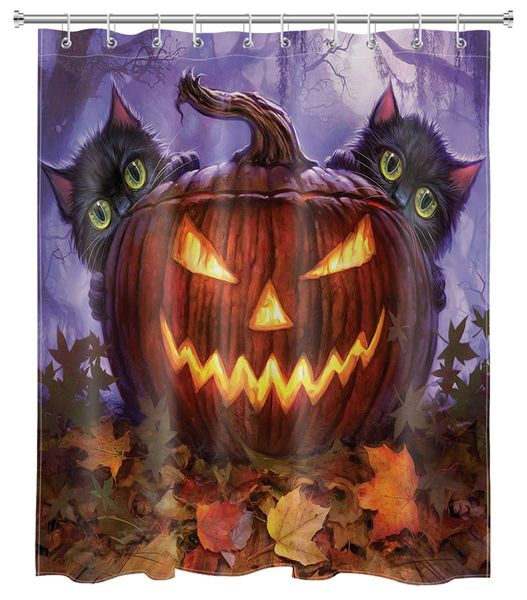 

halloween pumpkin shower curtain, scary halloween night misty forest horror pumpkin cute cats autumn maple leaf shower curtains