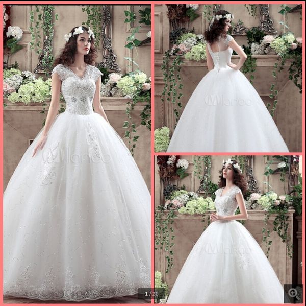 

latest style white tulle ball gown wedding dress beaded lace appliques modest cap sleeve princess bridal gowns crystals v neck bride dresses