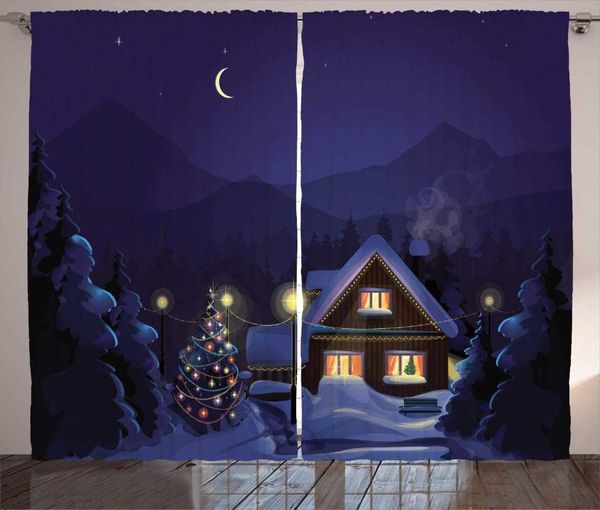 

christmas curtains winter scenery with designed house and tree at night family themed concept art living room bedroom window curtain & drape