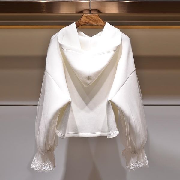 

superaen solid hooded sweatshirt women's autumn embroidery patchwork lace trumpet sleeve knitted jacket 210615, Black