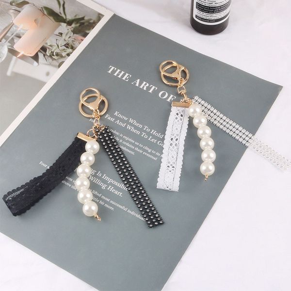 

dhl korean lace imitation pearl keychain fashion tassel accessories pendant key ring women backpack holder, Silver
