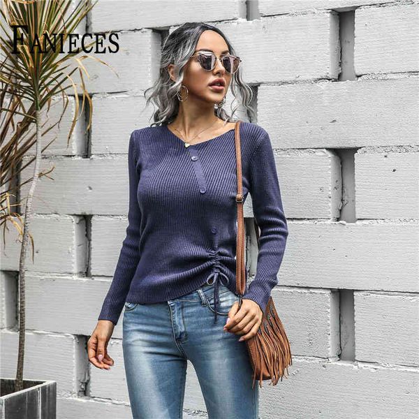 

women autumn winter casual v-neck long-sleeved button drawstring sweater basic jersey mujer femme 210520, White;black