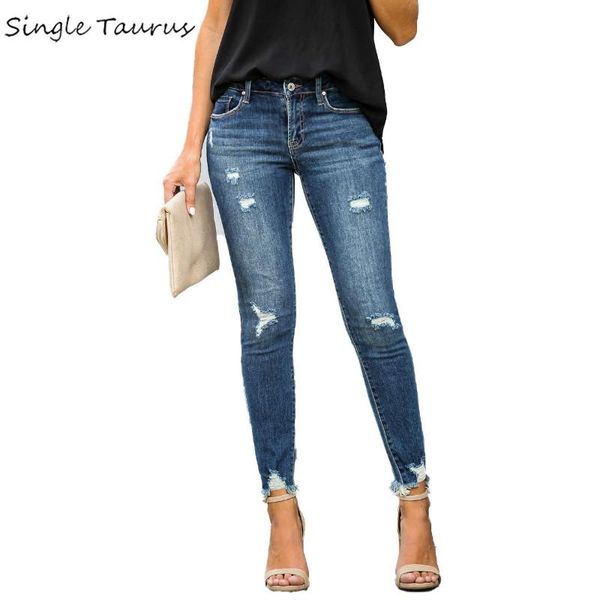 

women's jeans 2021 ripped for women streetwear skinny clothes distressed denim pencil pants korean vaqueros mujer, Blue