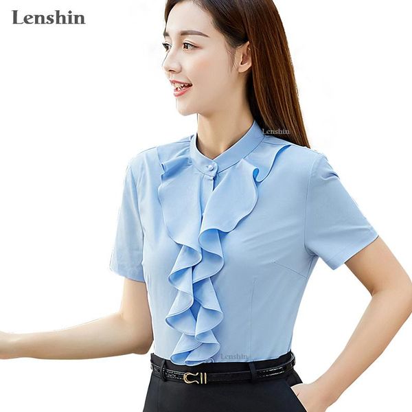 

women's blouses & shirts lenshin stand collar fashion female short sleeve ruffles shirt elegant women blouse office lady work wear form, White