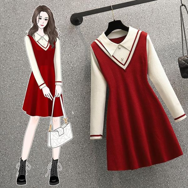 

casual dresses fake two piece set fashion elegant sweet turn-down collar red plus size knit sweater dress for women 2021 autumn winter, Black;gray