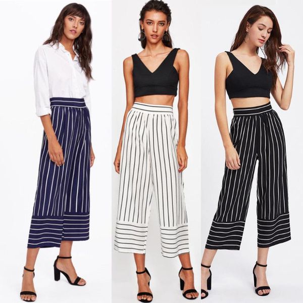 

women's pants & capris fasion au women fashion high waist wide leg striped bell-bottom loose ankle-length trousers, Black;white