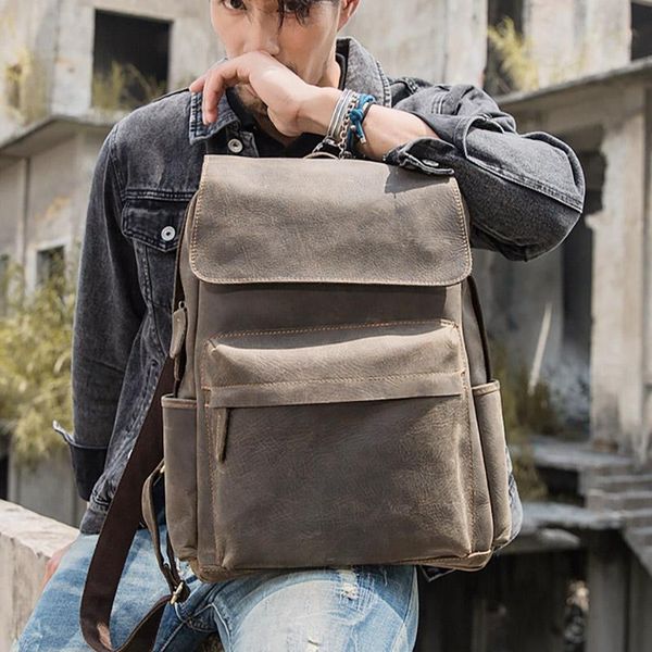 

backpack crazy horse leather men's backpack, retro cowhide casual travel bag