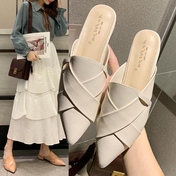 

slippers pu leather shoes woman pointed toe mules low heels flats ladies slides women zapatos de mujer s05, Black