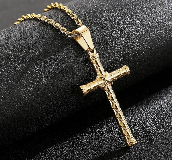 Collana semplice con croce di moda per uomo ragazzo Ciondolo con ciondoli in acciaio inossidabile dorato Catena di corda per gioielli 4 mm 22 pollici