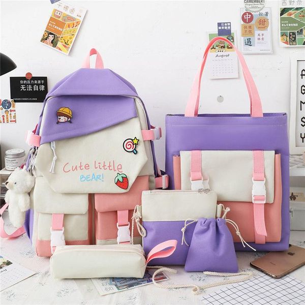 

school bags 5pcs set 3-6 grades for teenage girls kawaii college student kids book bag harajuku women lapcanvas rucksack