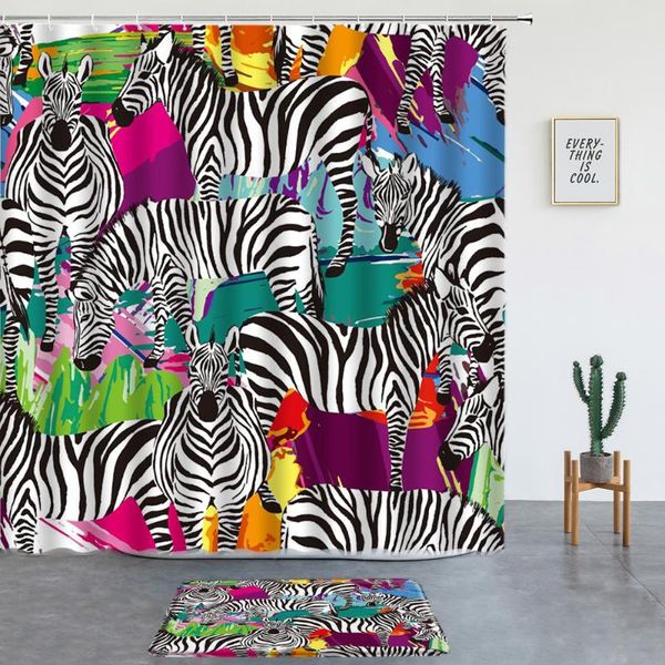 

shower curtains zebra print set non-slip rugs bath mats wild animals bathroom decor entrance door mat bathtub screen with hooks