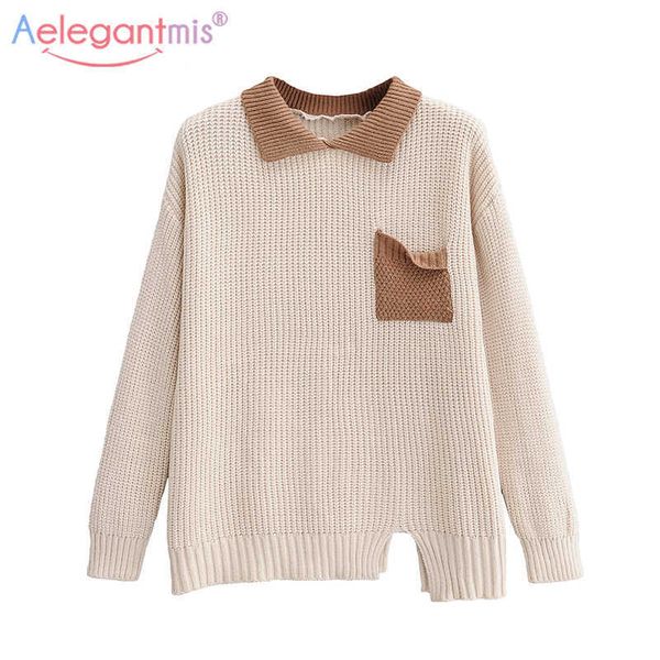 

aelegantmis color block knitted sweater women split vintage korean cozy loose pullovers casual elegant jumpers female pockets 210607, White;black