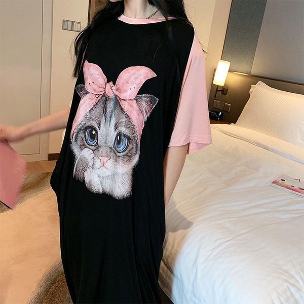 

nightdress 3d cat casual women sleepwear large size dress loose vestido de mujer summer home service nightgown female pink 2xl, Black;red