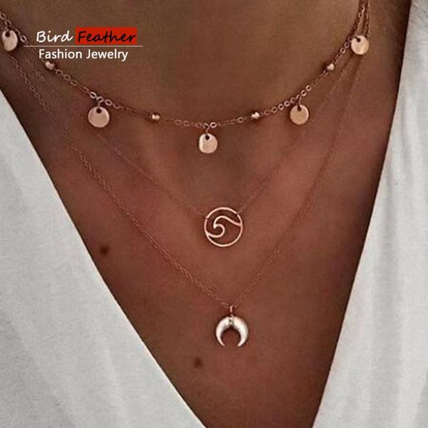 

gold color choker necklace for women 3 layers wave moon pendant chain necklaces & pendants lace velvet chokers fashion jewelry, Golden;silver