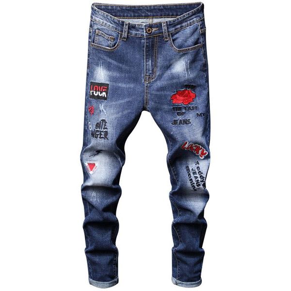 

men's jeans rose mens embroidery skinny fashion blue ripped casual stretch denim patch design scratched hip-hop pants