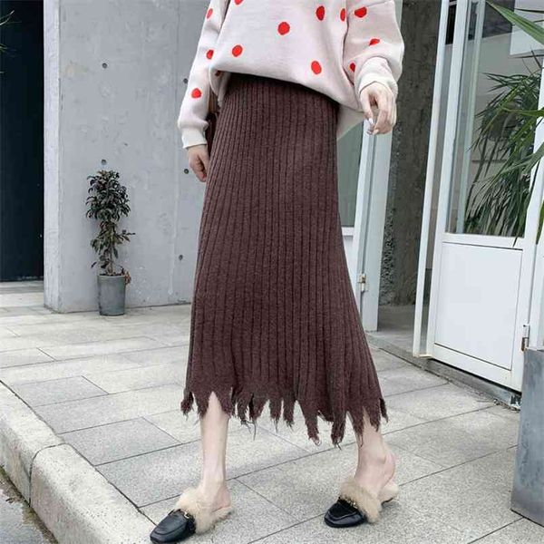 

autumn winter arrivals elastic high waist slimming simple casual big swing women a-line knitted long skirt 210527, Black