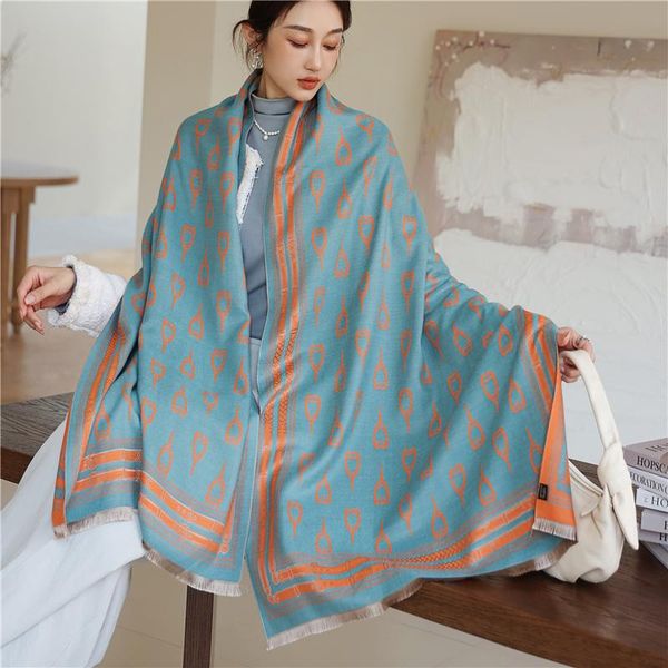 

scarves shawl warm winter scarf hijab women print solid cashmere pashmina thick wrap head neck foulard luxury 2021 blanket echarpe, Blue;gray