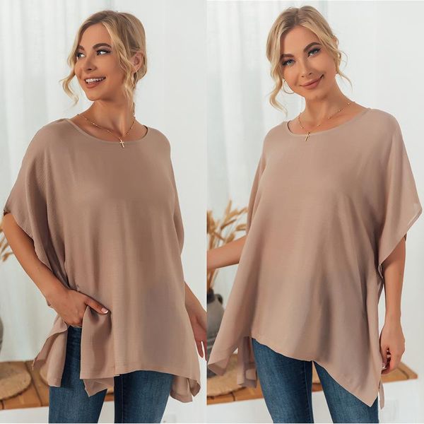 

women's t-shirt wear irregular solid color short sleeved with round neck women, White