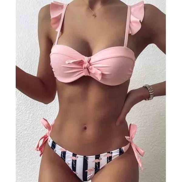 

striped lace ruffle push up women bandeau swimsuit female swimwear bra cup bikini set high cut bathing suit f72, White;black