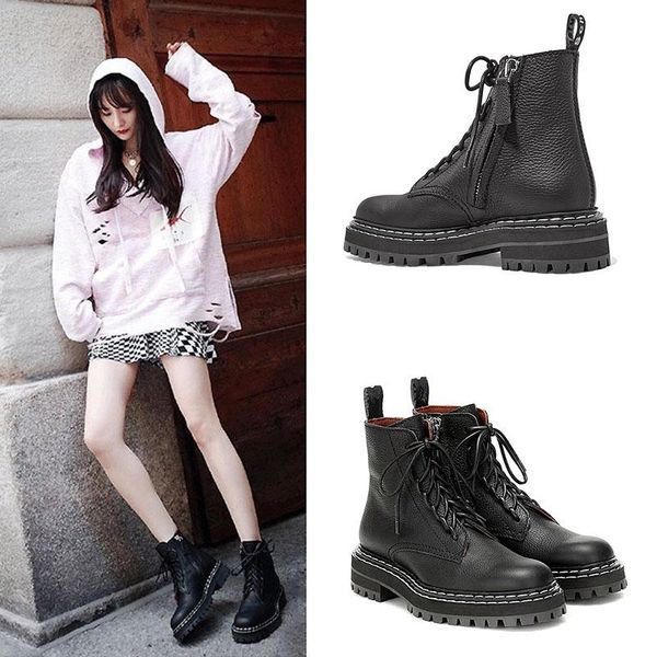 

boots charm2021 thick heel short women's autumn and winter fashion versatile leather motorcycle leisure soled, Black