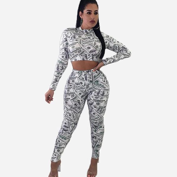 

women's jumpsuits & rompers two piece pants set women dollar print long sleeve combinaison pantalon femme woman sweat sets crop and 202, Black;white