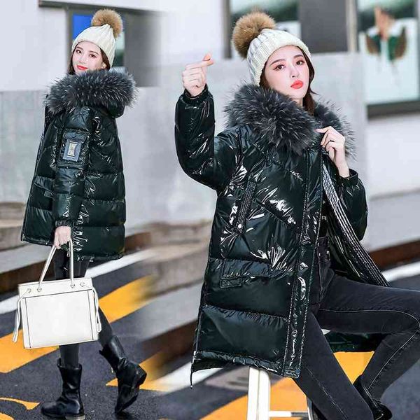 

bright face down cotton padded clothes women's middle and long 2020 winter new fashion large wool collar thickened parker, Black