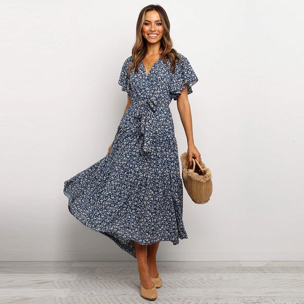 

print dresses summer long dot bandage women 2021 new v neck butterfly sleeve high waist ladies slim casual party maxi es c920, Black;gray