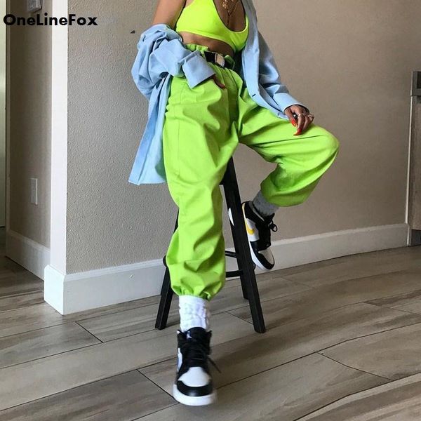 

onelinefox casual loose hip hop cargo pants women fluorescent green harajuku ladies trousers streetwear sweatpants spring 2021 women's, Black;white