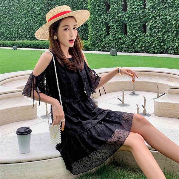 

summer women fashion round neck short sleeve off shoulder ruffles cake lace holiday dress 210507, Black;gray