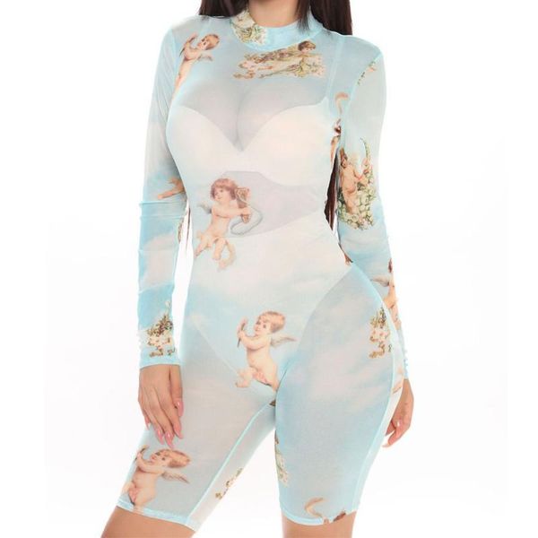 

women's jumpsuits & rompers 2021 see through women print crotch bust high cut bodysuits ice silk smooth shiny playsuit jumpsuit shaping, Black;white