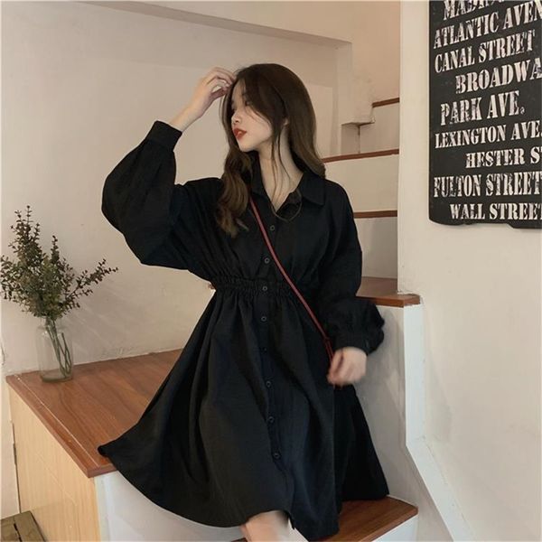 Kadın Elbise Uzun Kollu Tiki Tarzı Katı Tatlı Tanımsız Elbise Basit Zarif Pileli Japon Öğrencileri Bayan Streetwear 210730