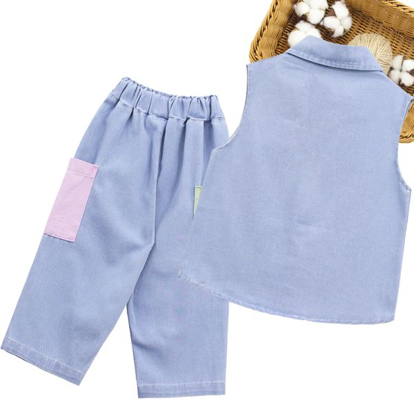 

big girls denim clothes patchwork girls clothing vest + pants girl set summer childrens suits 6 8 10 12 14, White