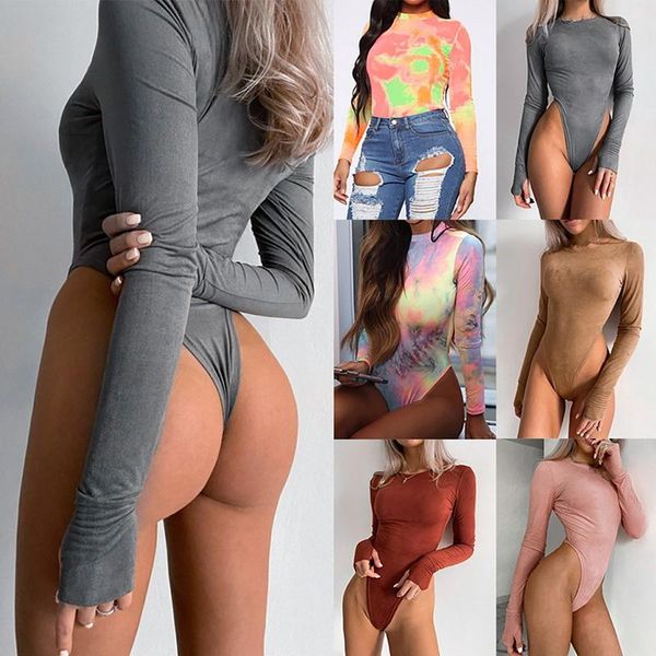 

women's jumpsuits & rompers 2021 o neck long sleeve solid pink bodysuit women black autumn winter body gray casual lady streetwear, Black;white