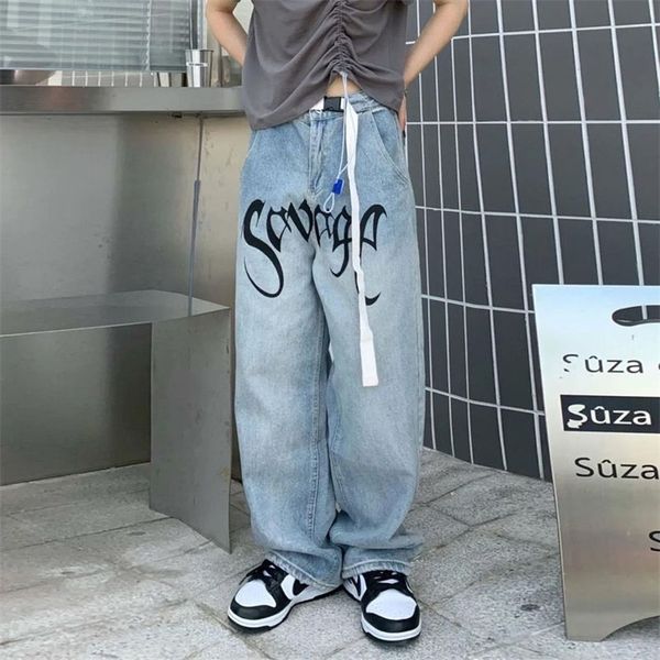 

american streetwear jeans hip-hop letters printed loose belt trousers men retro hong-kong style wide-leg mopping baggy y2k pants 220217, Blue
