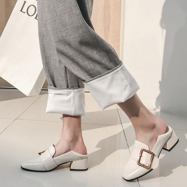 

dress shoes big size ladies high heels women woman pumps square-headed heavy-heeled single with metal buckles, Black