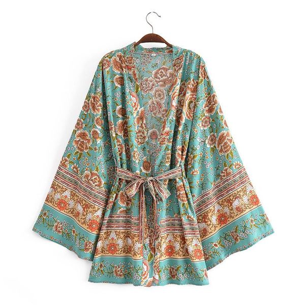 

women's jackets hippie floral printed kimono summer women batwing sleeves loose vintage belt outwear female boho beach casual chic card, Black;brown