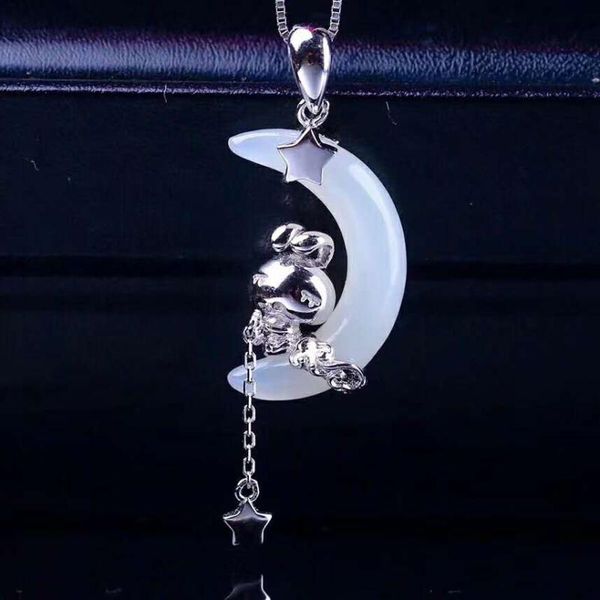 

lockets hetian white jade silver inlay pendant crescent h32#