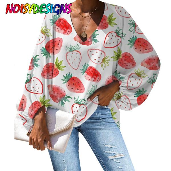 

women's blouses & shirts noisydesigns 2021 fashion strawberry print women long sleeve v collar chiffon blouse shirt casual plus size, White