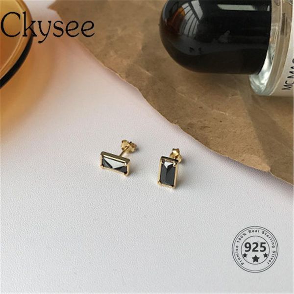 

stud ckysee korean 925 sterling silver square black zircon earring simple temperament version earrings for women fashion jewelry, Golden;silver