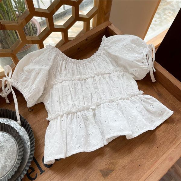 

summer embroidery baby girls cotton blouses pure color short sleeve toddlers kids white shirts, White;black