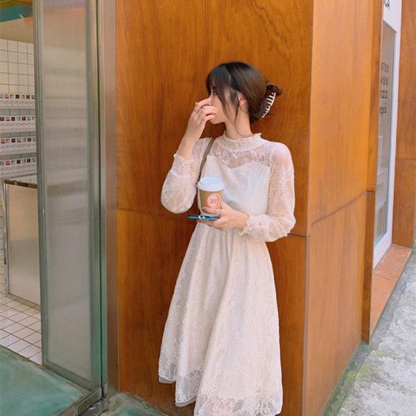 

casual dresses dress 2021 autumn lace patchwork women elegant female solid long sleeve, Black;gray