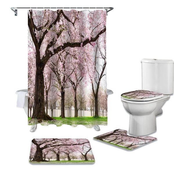 

shower curtains cherry trees spring blooming landscape curtain sets non-slip rugs toilet lid cover bath mat waterproof bathroom