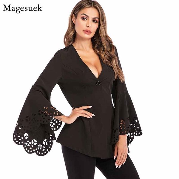 Фронт с длинным рукавом полый шаблон перед одной кнопкой блузка сексуальная стильная женская глубокая V-образная выречка для женщин Все совпадающие черная рубашка Blusas Mujer 10302 210518