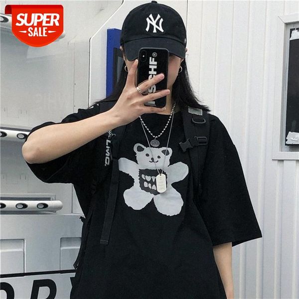 

trend korean version of the black retro simple bear print short-sleeved t-shirt female round neck loose bottoming student shirt #sc7c, White