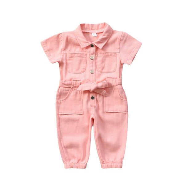 

children girls jumpsuite short sleeve cotton denim jeans solid color pink bow belt pocket ruffled kids trousers jumpsuits, Blue