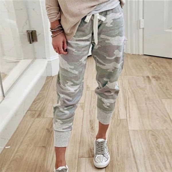 Kadın Kamuflaj Joggers Pantolon Ayak Bileği Camo Kargo Jogging Pantolon Kadın Sonbahar Streetwear Lace Up Bayanlar Sweatpants 211115